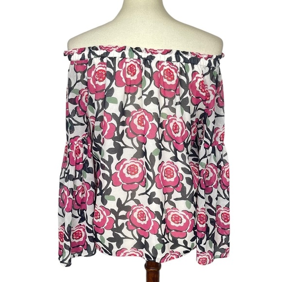 Loft Shirt Womens XS Blouse Off the Shoulder White Pink Rose Print Lined Chiffon - Picture 5 of 13